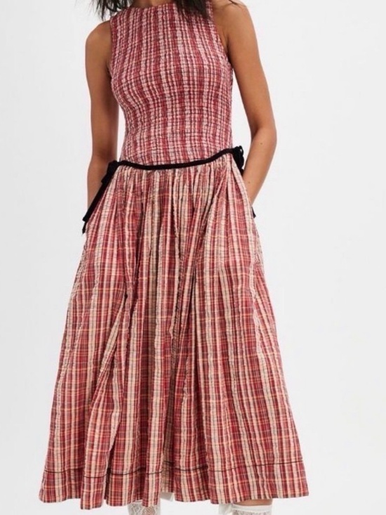 Free People Dresses & Skirts - Free People Plaid Smocked Midi Dress Cottagecore Prairie Boho Ribbon Waist